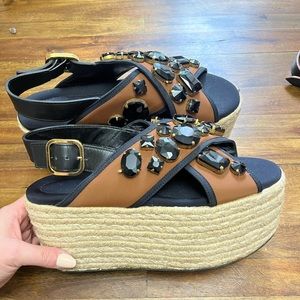Hard to find platform Marni sandals. Brown satin with black stones